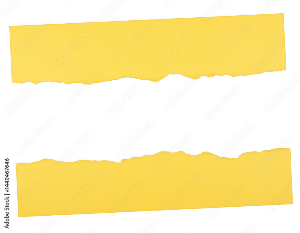 Torn Yellow Paper Strips: Two bright yellow strips of paper, each with a jagged, torn edge, rest against a background of pure color. Torn Yellow Paper Strips: Two bright yellow strips of paper, each with a jagged, torn edge, rest against a background of pure color.