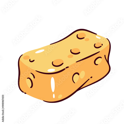 Cartoon doodle style cleaning sponge with yellow porous texture and rounded edges. Vector illustration of cleaning sponge for kitchen, household, or hygiene design.