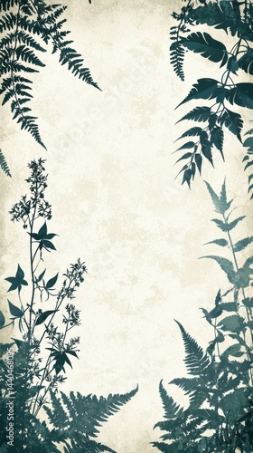 Elegant botanical frame with lush tropical ferns and leaves creating a natural border on vintage textured background perfect for nature themes and design projects