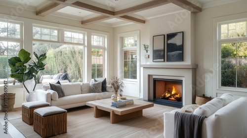 Wallpaper Mural cozy fireplace, with plush cushions and sleek furniture, offering both comfort and modern elegance. Torontodigital.ca