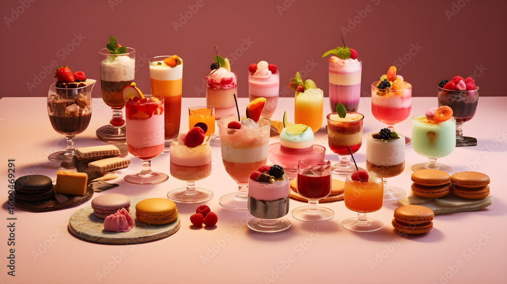 custom made wallpaper toronto digitalA colorful assortment of desserts and pastries on a pink tablecloth with a pink background.