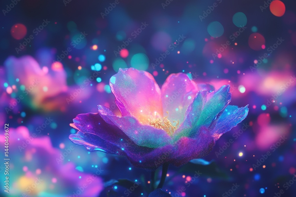 Ethereal flower bathed in vibrant colors with shimmering bokeh background Ethereal flower bathed in vibrant colors with shimmering bokeh background