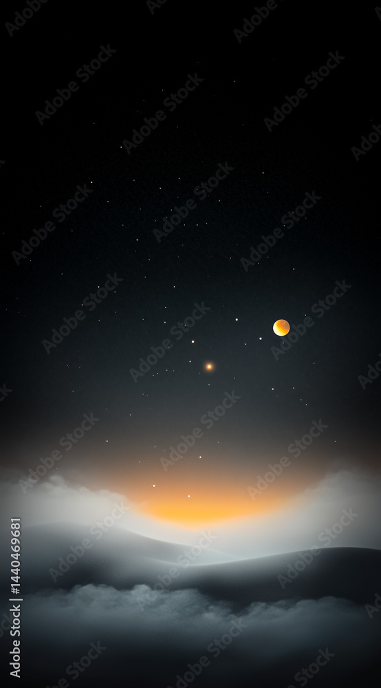 A mesmerizing twilight scene showcasing planets in a starlit sky above dreamy clouds and gentle mountain silhouettes. A mesmerizing twilight scene showcasing planets in a starlit sky above dreamy clouds and gentle mountain silhouettes.