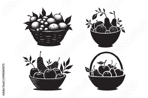 Fruit Basket Silhouette Set Fresh Fruits, Healthy Food, Organic Harvest, Nature Illustration