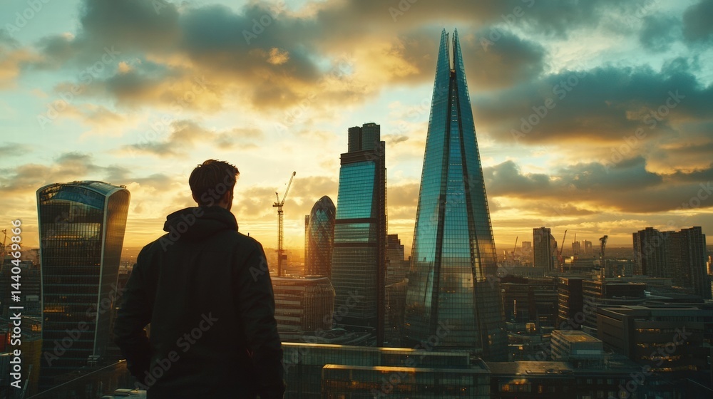 Fototapeta premium Man gazes at stunning skyline with skyscrapers under a beautiful sunset. Urban exploration at its best in this vibrant city scene.