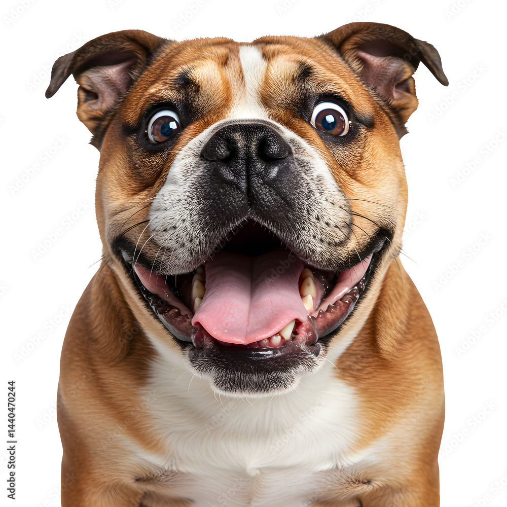 Fototapeta premium Funny surprised bulldog with wide open mouth and expressive eyes, isolated on white or transparent png background, perfect for memes, humor, and pet-related designs.