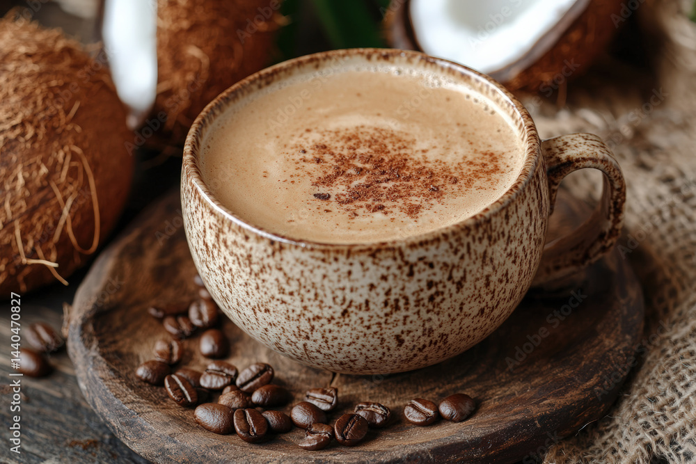 Coconut Milk Latte with Coffee Beans. A rustic cup of coconut milk latte with coffee beans. A close-up showcases the creamy texture and warm tones. Coconut Milk Latte with Coffee Beans. A rustic cup of coconut milk latte with coffee beans. A close-up showcases the creamy texture and warm tones.