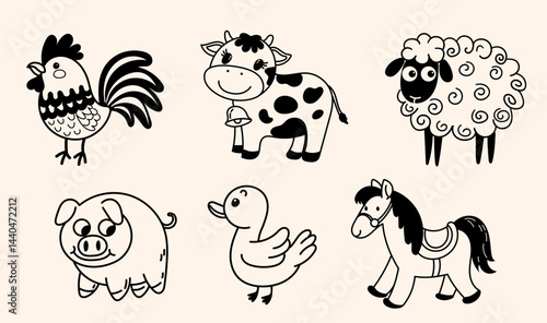 Cute hand-drawn farm animals set including cow, pig, horse, rooster, duck, and sheep in playful cartoon style, ideal for children's books, educational materials, and rural lifestyle designs.