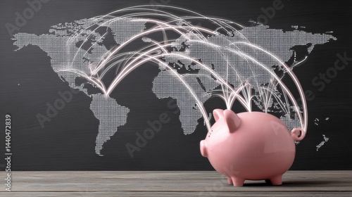 A pink piggy bank in front of a world map with lines representing global financial connections and international money transfers.