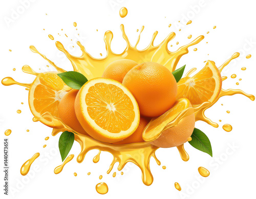 Juicy Orange Splash: A burst of vibrant orange slices and whole fruits, surrounded by a dynamic splash of fresh juice, embodying the essence of refreshing citrus.