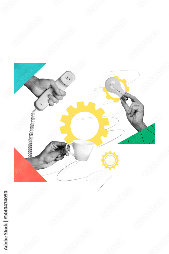 Vertical collage creative illustration black white effect three human hands hold cup telephone bulb mechanism teamwork together Vertical collage creative illustration black white effect three human hands hold cup telephone bulb mechanism teamwork together