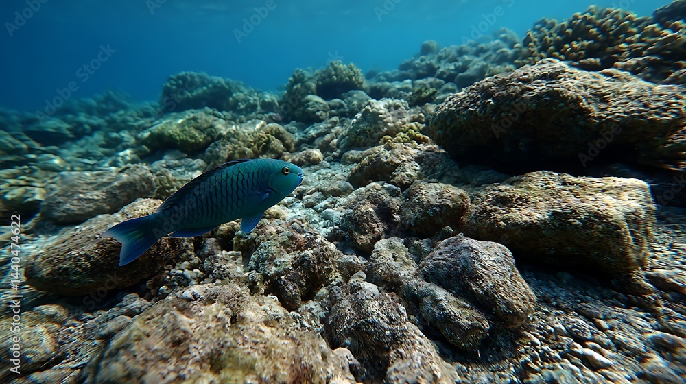 Obraz premium サンゴ礁を泳ぐ熱帯魚たちと光あふれる海中世界