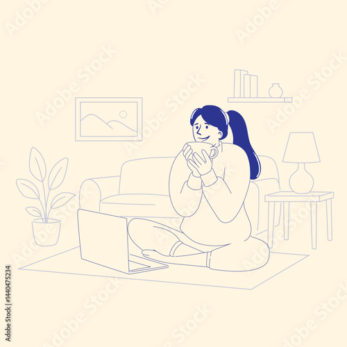 Woman Enjoying Coffee Break at Home with Laptop - Flat Minimalist Illustration