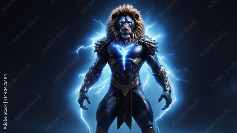 Naklejka premium illustration of a lion-man superhero with lightning