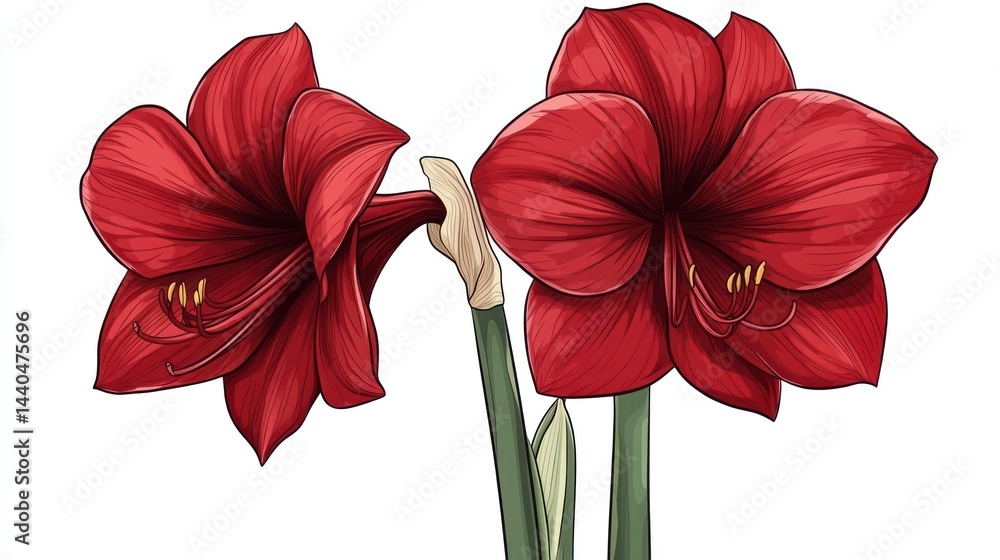 Two Red Amaryllis Flowers Close-up, Floral Illustration Two Red Amaryllis Flowers Close-up, Floral Illustration