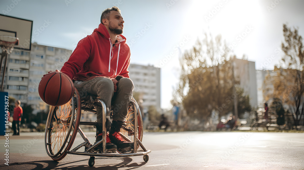 Obraz premium Disabled young man in a wheelchair playing basketball, concept for diversity and sport