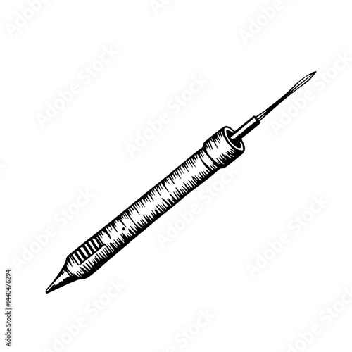 Medical egg retrieval needle illustration in black and white, for science education
