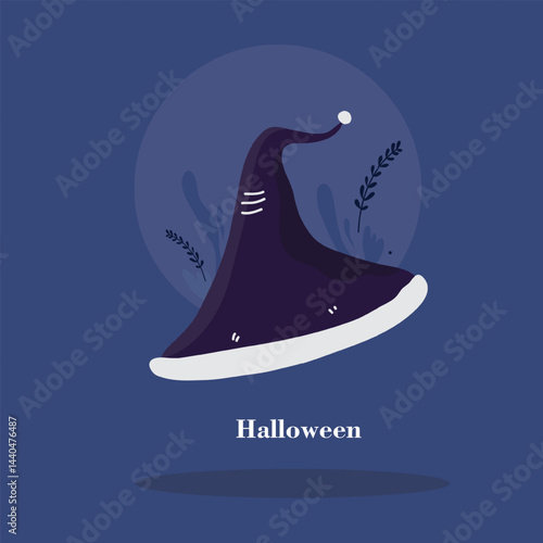 Witch’s hat in a glass orb on blue background with Halloween typography below