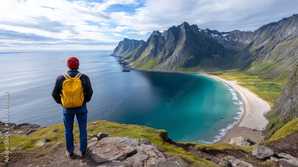 Scenic View of Hiker Overlooking Majestic Coastal Landscape Scenic View of Hiker Overlooking Majestic Coastal Landscape