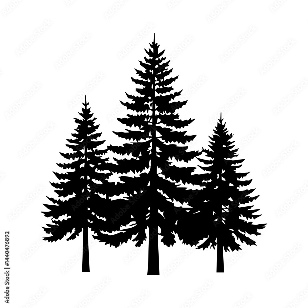 Obraz premium Black Pine Forest Silhouette Row, Winter Woodland Trees, White Background Minimal Design