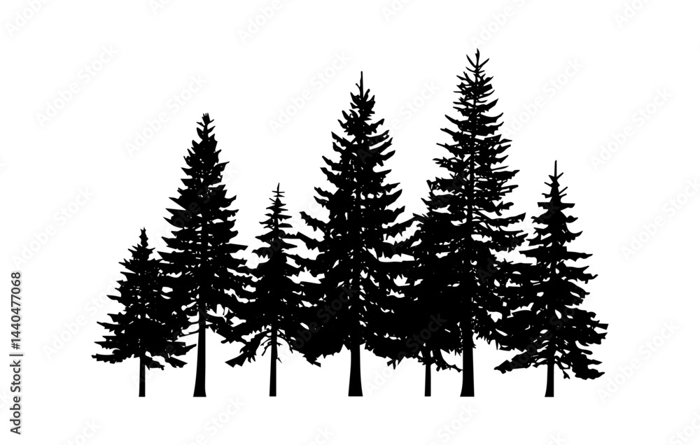 Obraz premium Varying Pine Tree Silhouettes, Forest Landscape, Black Evergreen Trees on White Background Design