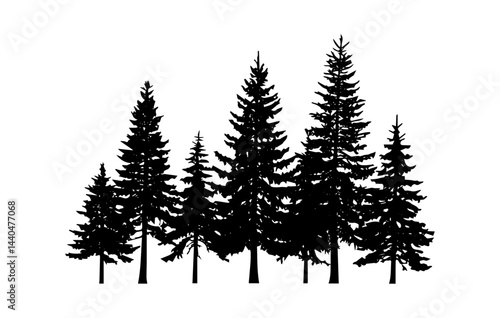 Varying Pine Tree Silhouettes, Forest Landscape, Black Evergreen Trees on White Background Design