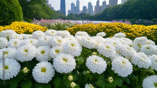 Vibrant flower garden, blooming white and yellow flowers in a lush landscape, ideal for nature scenes and positive vibes.