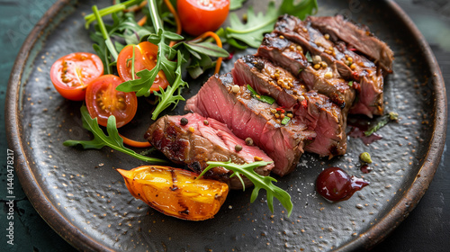 Sliced grilled Wagyu picanha steak served on black slate.