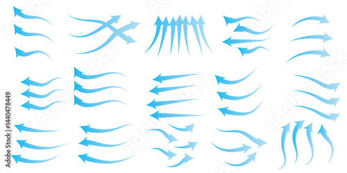 Collection of wind air flow Elements Flowing arrow air flow direction, gradient wind air flow elements, blue gradient flowing arrow, vector illustration