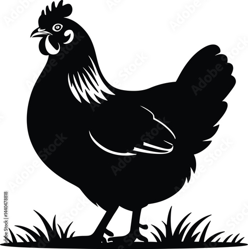 Black silhouette of a chicken standing on grass simple elegant hen icon vector illustration for farm and agriculture projects