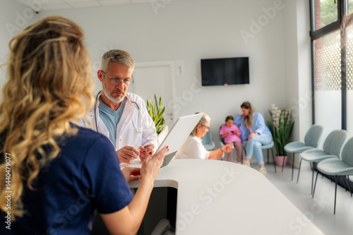 Doctor and nurse using tablet, discussing patient information and treatment plans in a busy hospital reception area, showcasing collaboration and digital healthcare