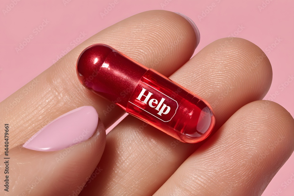 Obraz premium Rote Pille mit Schrift Help auf weiblicher Hand vor rosa Hintergrund 