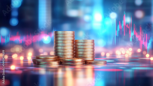 View of a computer screen displaying stock exchange graph and chart representing increased and decreased price in the stock market with stack of coins.	