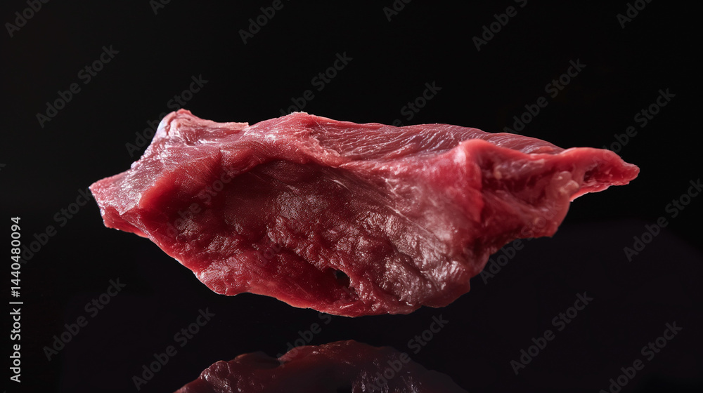 Single piece of raw meat against black background.