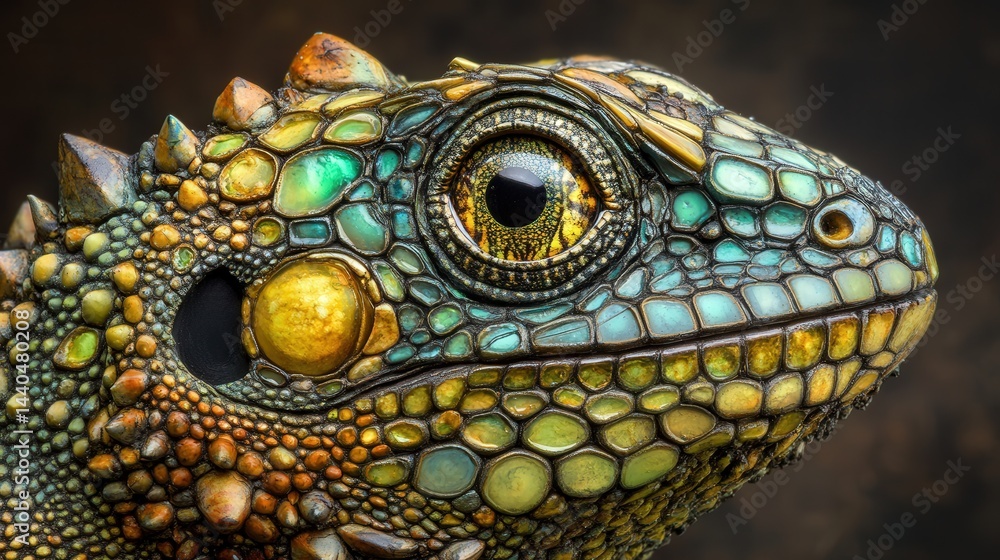 Fototapeta premium close reveals its diamond-shaped scales, blending shades of green and yellow. Its slightly parted mouth offers a glimpse of its sharp inner teeth