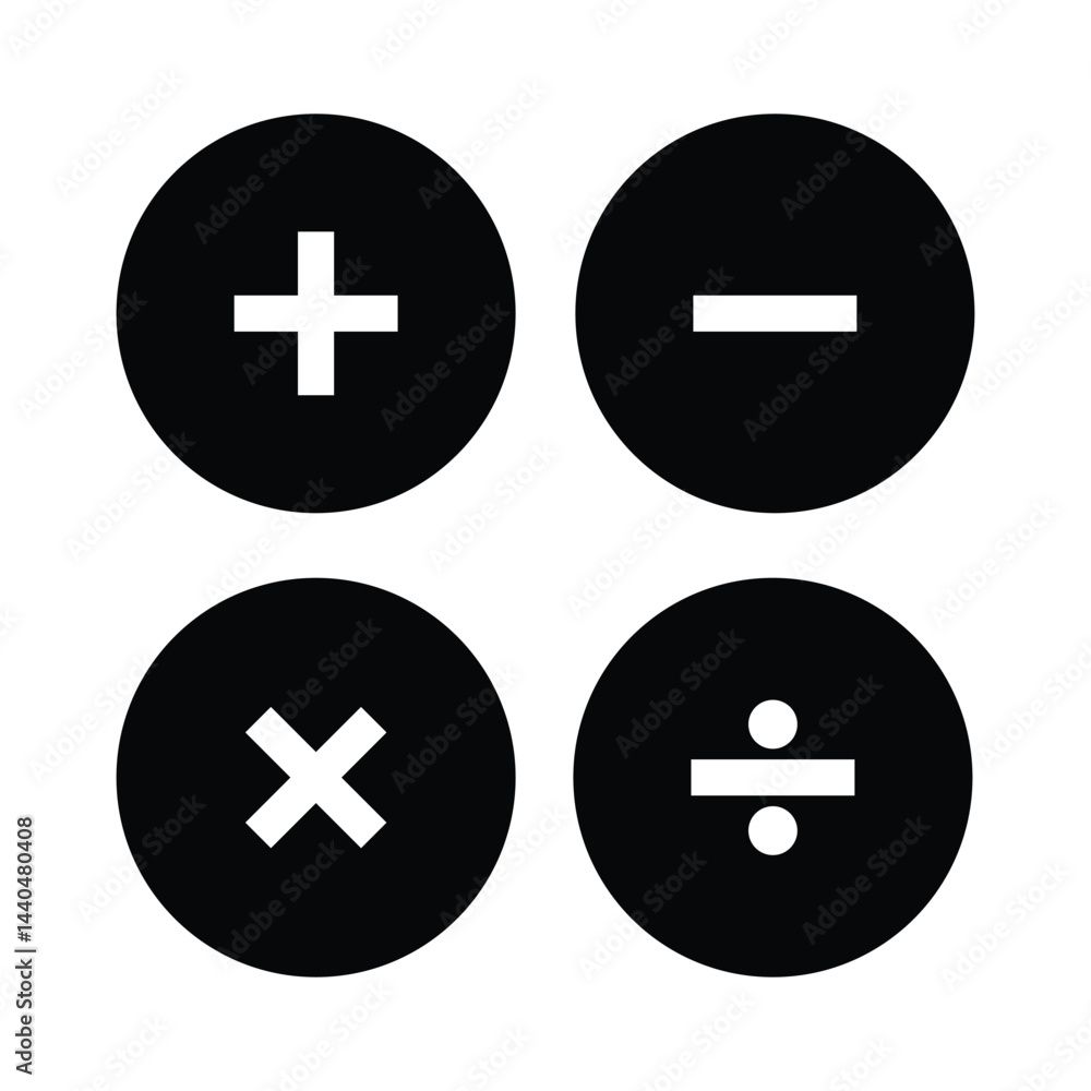 basic mathematical symbol icon set silhouette vector illustration on white background. Plus, minus, multiply, divide icon symbol vector on white background basic mathematical symbol icon set silhouette vector illustration on white background. Plus, minus, multiply, divide icon symbol vector on white background