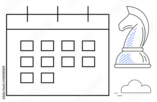 Calendar grid with chess knight and small cloud emphasizes strategy, scheduling, decision-making, and foresight. Ideal for planning, organization, strategy, forecasting, time management leadership