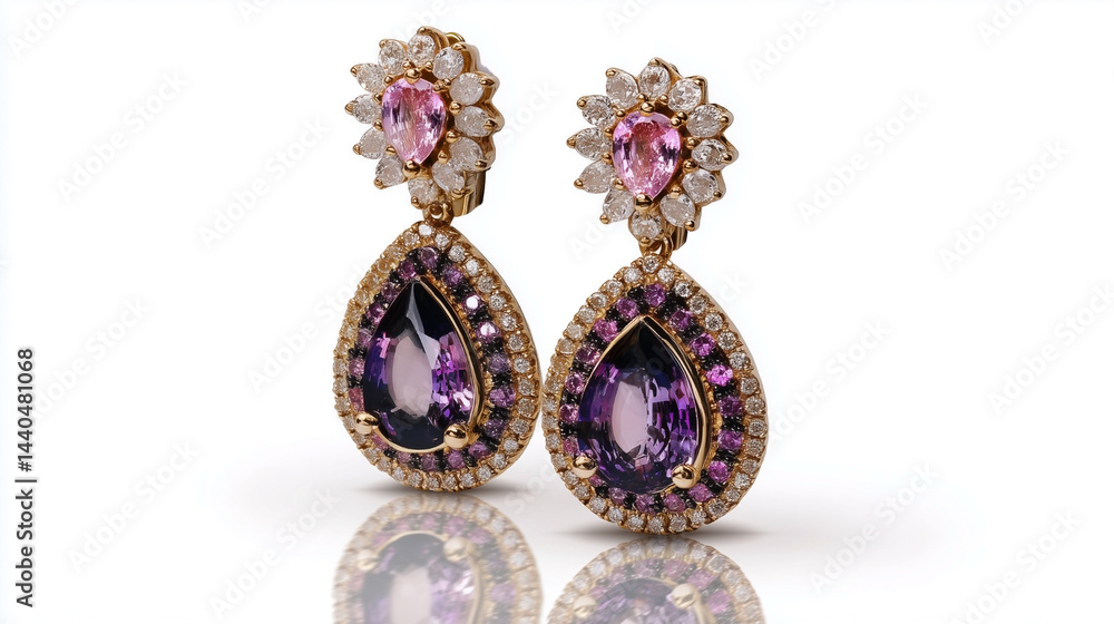 A pair of earrings with a purple stone and a pink stone A pair of earrings with a purple stone and a pink stone
