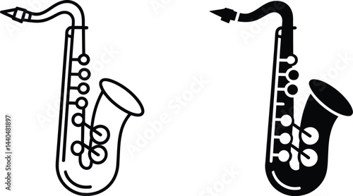 Saxophone illustration in black and white line art style musical instrument graphic set for design projects
