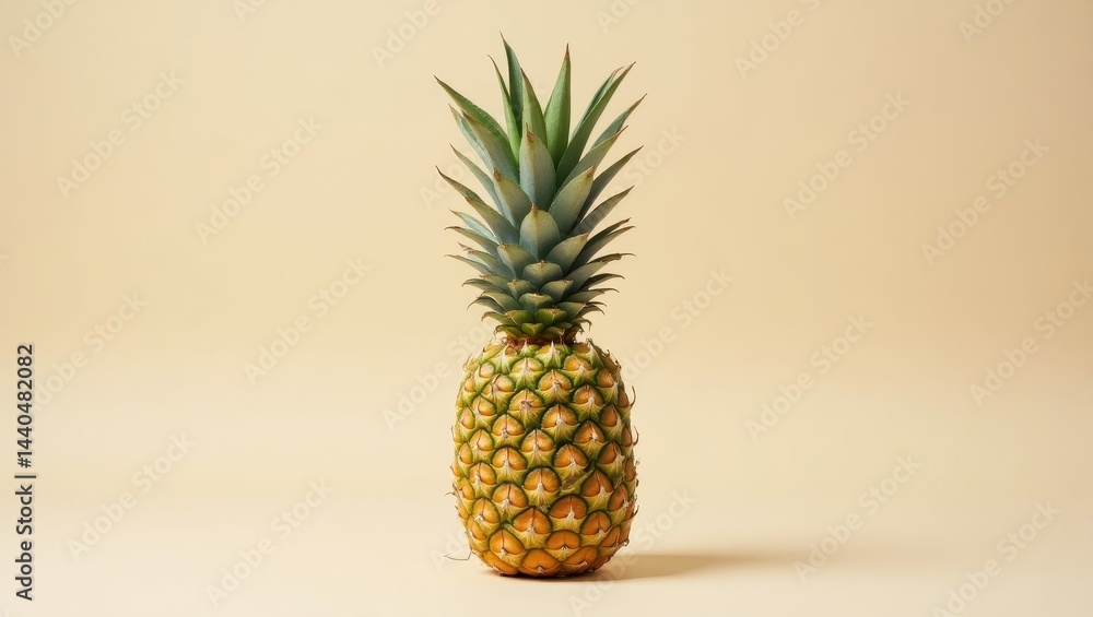 Standing Tall: A Pineapple's Portrait of Tropical Delight and Summer Flavors Against a Creamy Backdrop, Evoking Sunny Days and Exotic Getaways. Standing Tall: A Pineapple's Portrait of Tropical Delight and Summer Flavors Against a Creamy Backdrop, Evoking Sunny Days and Exotic Getaways.
