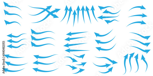 Collection of wind air flow Elements Flowing arrow air flow direction, gradient wind air flow elements, blue gradient flowing arrow, vector illustration