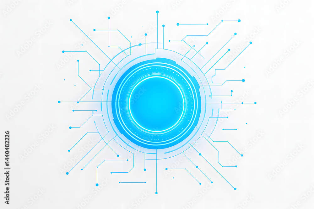 Obraz premium Digital Connection: A cutting-edge image presenting the future, showcasing a modern digital interface with interconnected circuit lines and a bright blue circular focal point.