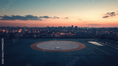 Rooftop helipad of a city skyscraper at dusk, Background for Product Display or Advertisement.