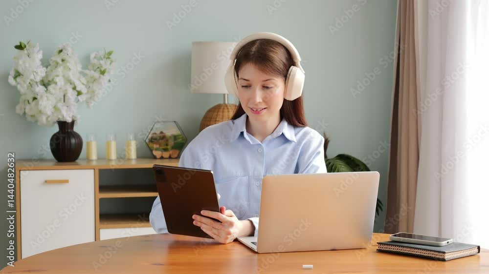 Engaging young woman studies on tablet while enjoying cozy home environment in the afternoon light Engaging young woman studies on tablet while enjoying cozy home environment in the afternoon light