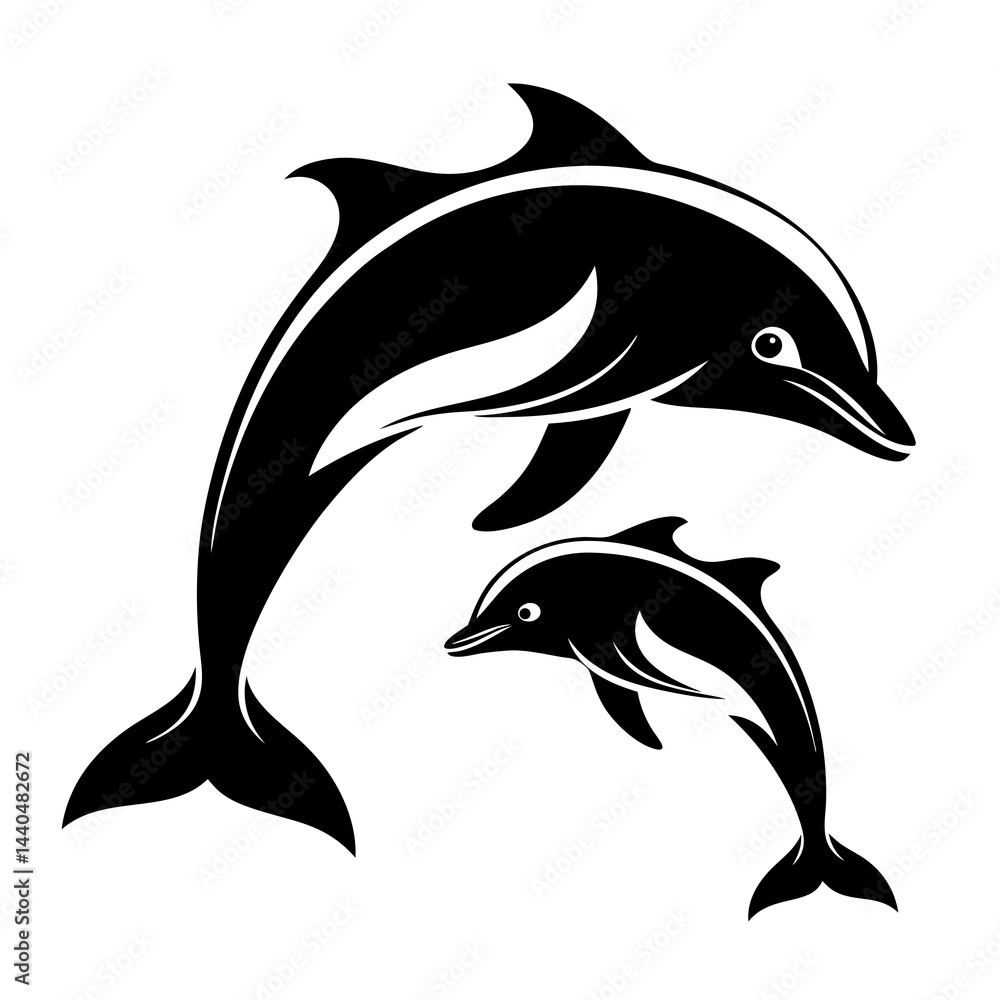 Fototapeta premium Black and white silhouette of two dolphins jumping in the ocean