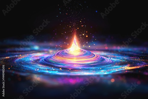 Vibrant cosmic energy source emanating colorful waves in a dark universe