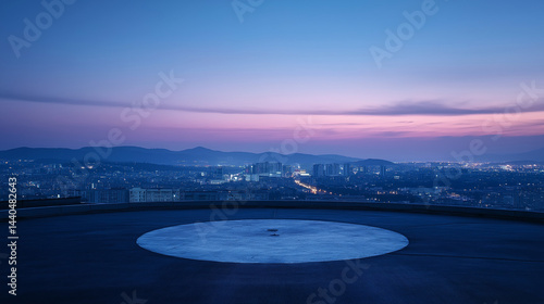 Rooftop helipad of a city skyscraper at dusk, Background for Product Display or Advertisement.