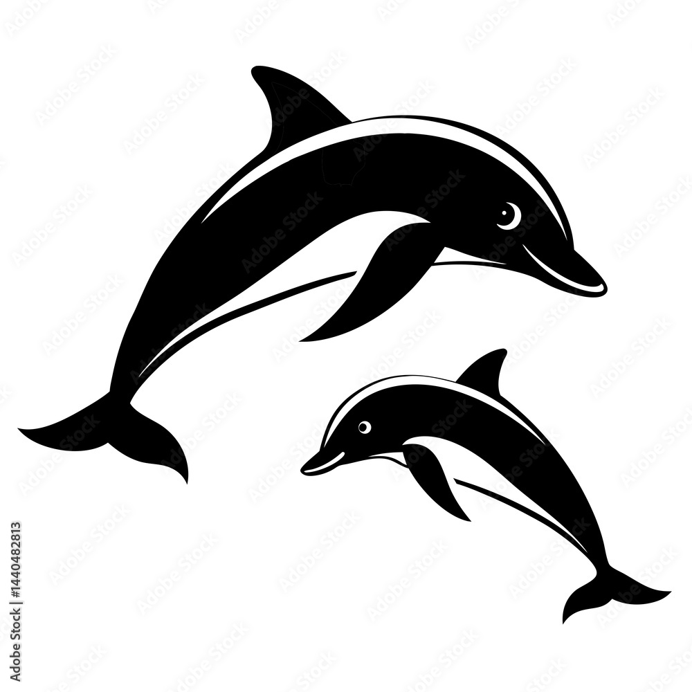 Fototapeta premium Black and white silhouette of two dolphins jumping in the ocean