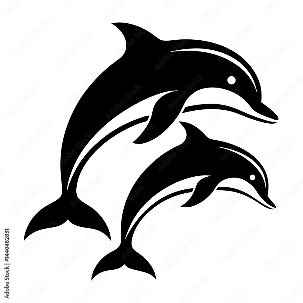 Fototapeta premium Black and white silhouette of two dolphins jumping in the ocean