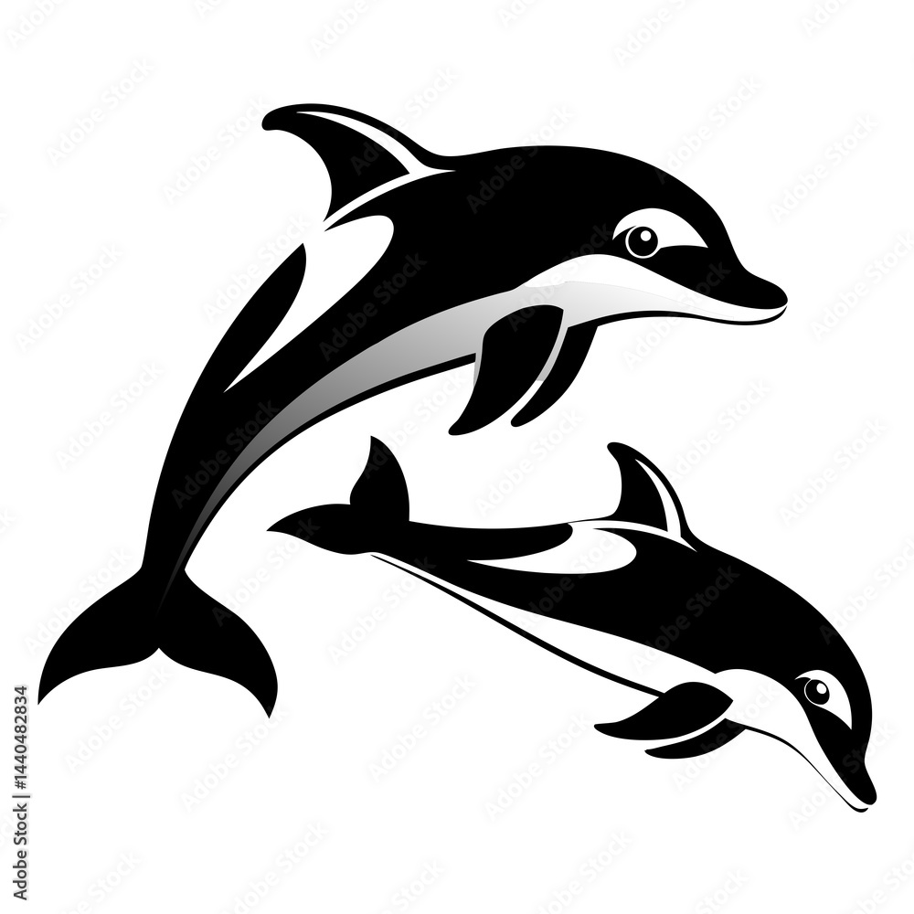 Fototapeta premium Black and white silhouette of two dolphins jumping in the ocean